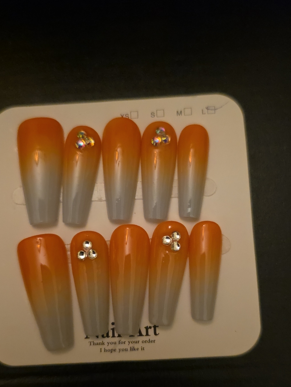 Orange Ombre Press-On Nail Set with Rhinestone Accents Large